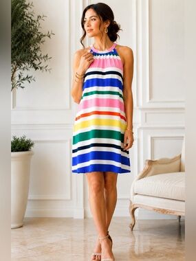 LOFT Petite Linen Blend Striped Halter Swing Dress – XS Petite | Summer Resort